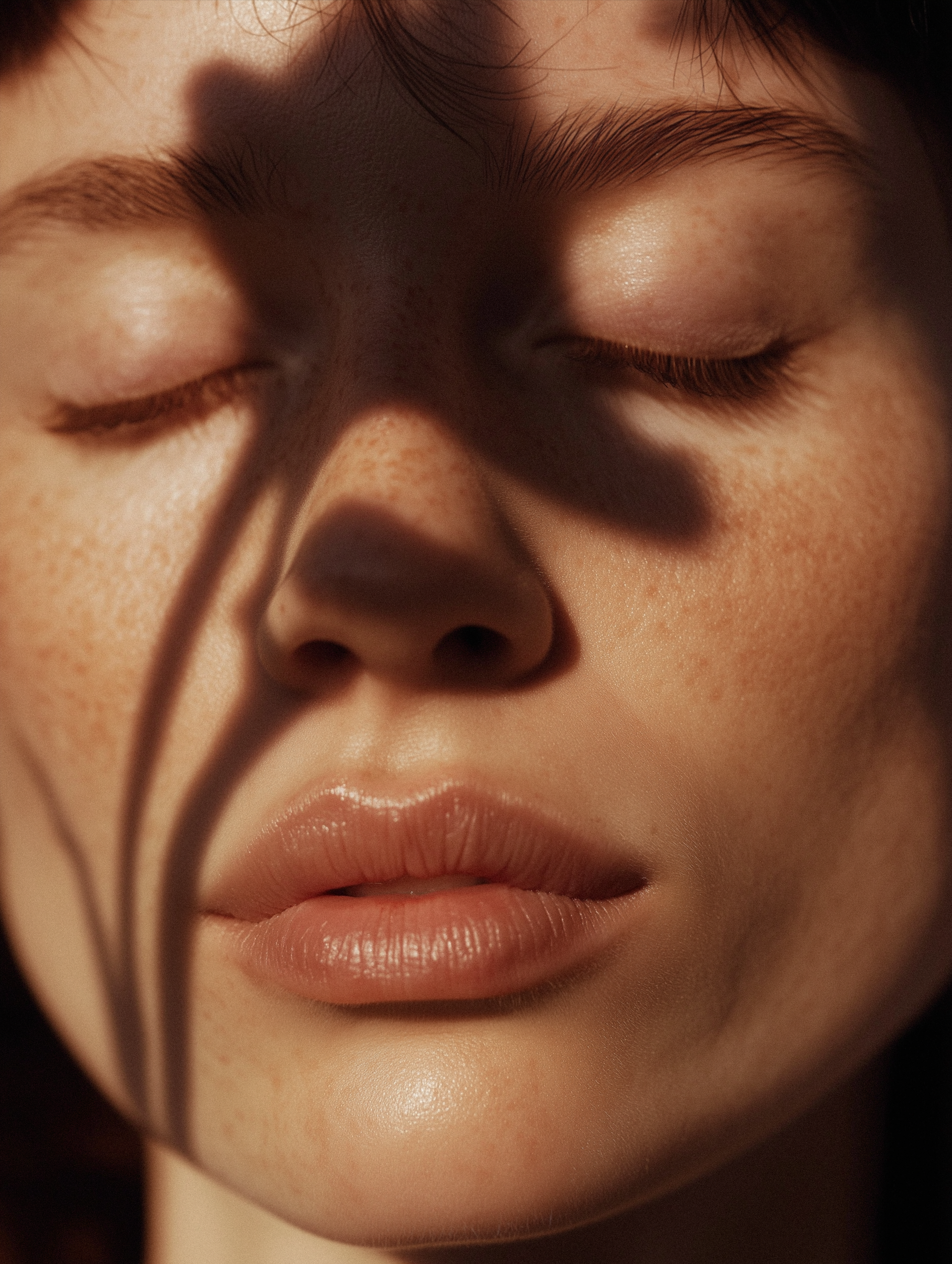 Close-up portrait of a woman with botanical shadow play across her face